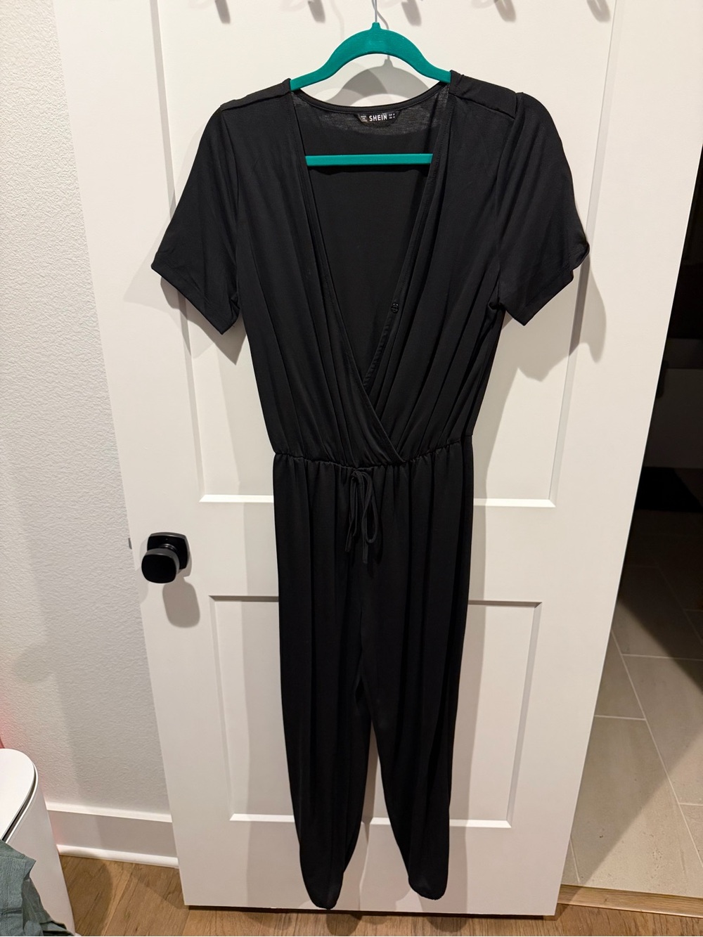 SHEIN Black Short Sleeve Wrap-Front Jumpsuit